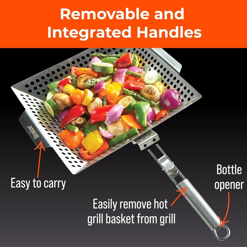 Braize Heavy-Duty Stainless Steel Grill Basket – 12"x13.75" Large BBQ Basket with Removable Handle – Durable Grilling Basket for Vegetables, Fish & Meat – Outdoor Cooking Accessory with 4 Bonus Scrub Sponges - Image 4